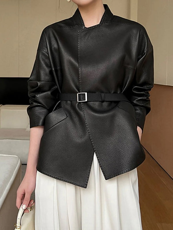 Belted Solid Color Long Sleeves Loose Stand Collar Outerwear Jackets