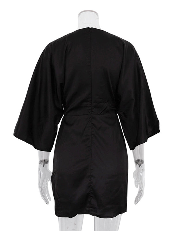 Hollow Knot Solid Color Split-Joint Zipper High Waisted Three-Quarter Sleeves Deep V-Neck Mini Dresses