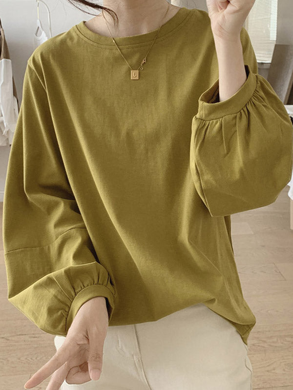 Pleated Solid Color Long Sleeves Loose Round-Neck T-Shirts Tops