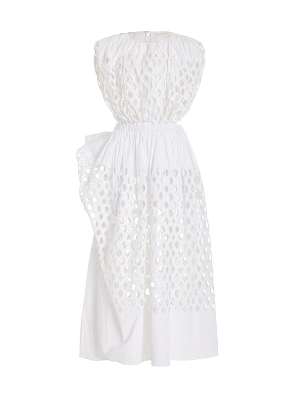 Asymmetric Elasticity Hollow Pleated See-Through Solid Color A-Line Loose Round-Neck Maxi Dresses