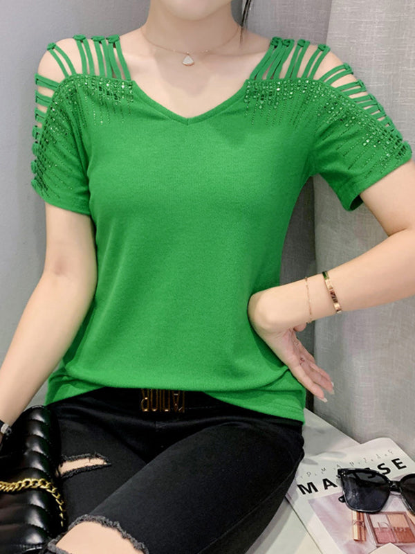 Hollow Rhine Stones Solid Color Split-Joint Loose Raglan Sleeve V-Neck T-Shirts Tops