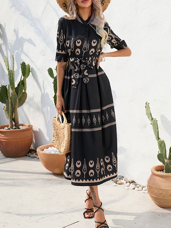 Buttoned Tied Waist A-Line Half Sleeves Lapel Midi Dresses