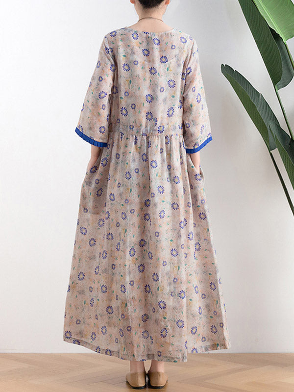 Original Floral Round-Neck Elasticity Waist Midi Dress