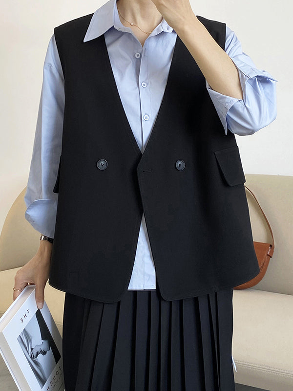 Pockets Split-Joint Loose Sleeveless V-Neck Vest Top