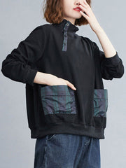 Simple Long Sleeves Loose Split-Joint Solid Color High-Neck Sweatshirt Tops