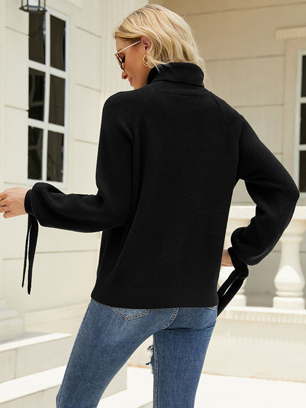 Loose Long Sleeves Solid Color High-Neck Sweater Tops