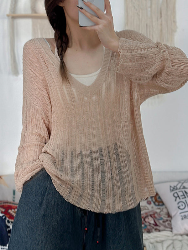 Hollow Solid Color Long Sleeves Loose V-Neck Pullovers