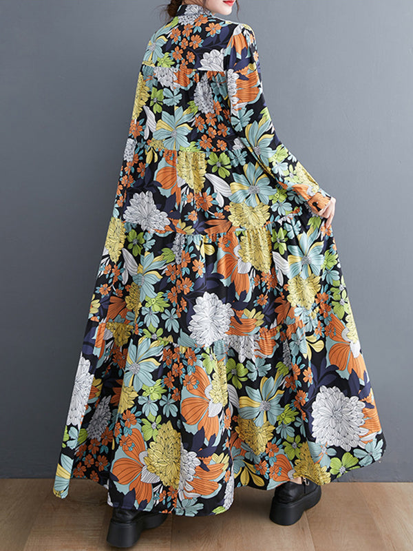 Long Sleeves Loose Floral Printed Round-Neck Midi Dresses