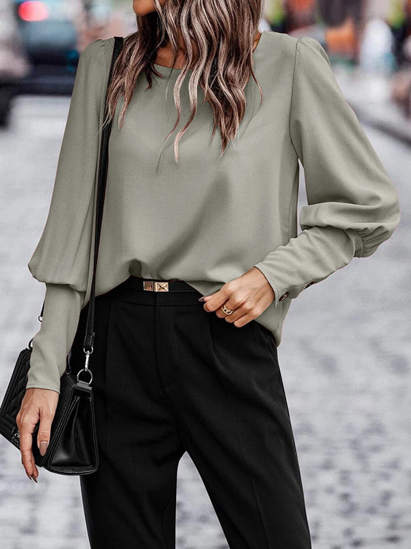 Buttoned Pleated Solid Color Long Sleeves Loose Round-Neck Blouses&Shirts Tops