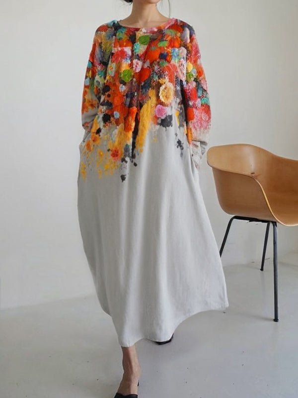 Printed Split-Joint Long Sleeves Loose Round-Neck Midi Dresses