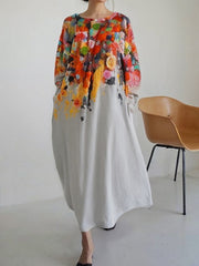 Printed Split-Joint Long Sleeves Loose Round-Neck Midi Dresses