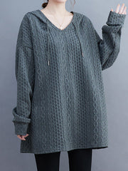 Drawstring Jacquard Solid Color Split-Joint Hooded Long Sleeves Hoodies Tops