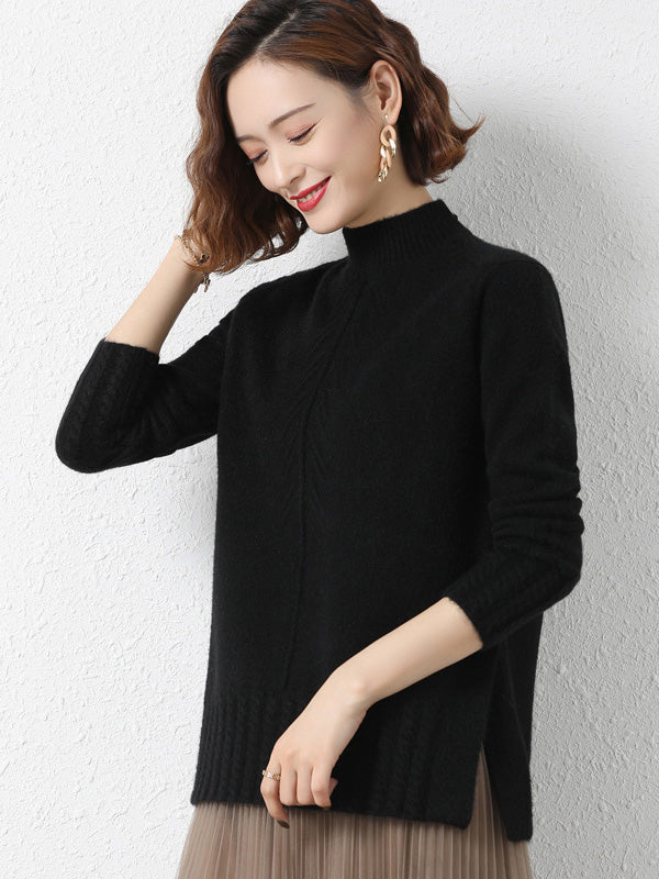 Loose Split-Side Solid Color Half Turtleneck Sweater Tops