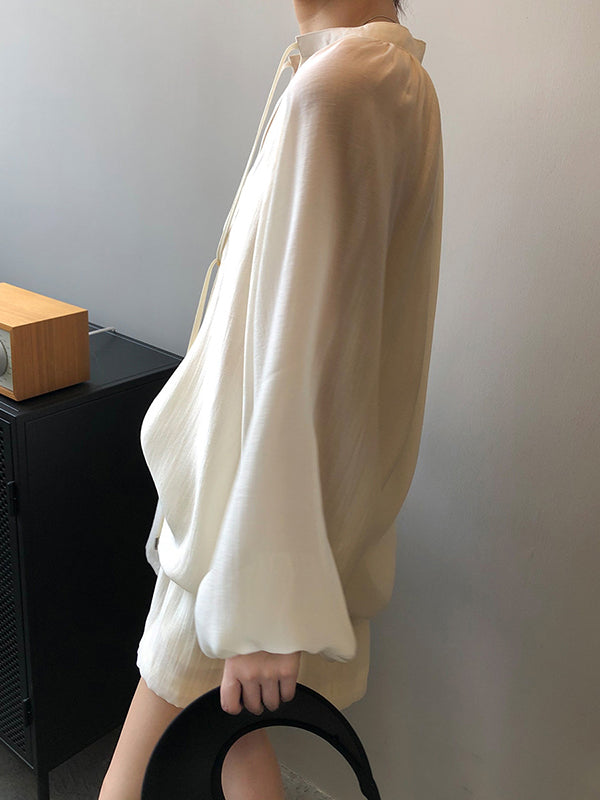 Split-Joint Solid Color  Sun Protection Tied V-neck Long Sleeves Top + Shorts Two Pieces Set