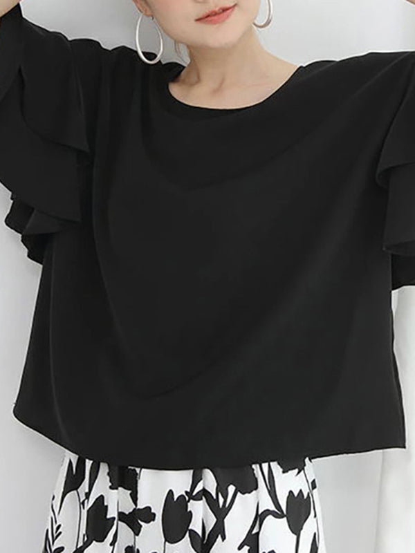 Solid Color Flying Sleeves Loose Round-neck Blouses&shirts Tops
