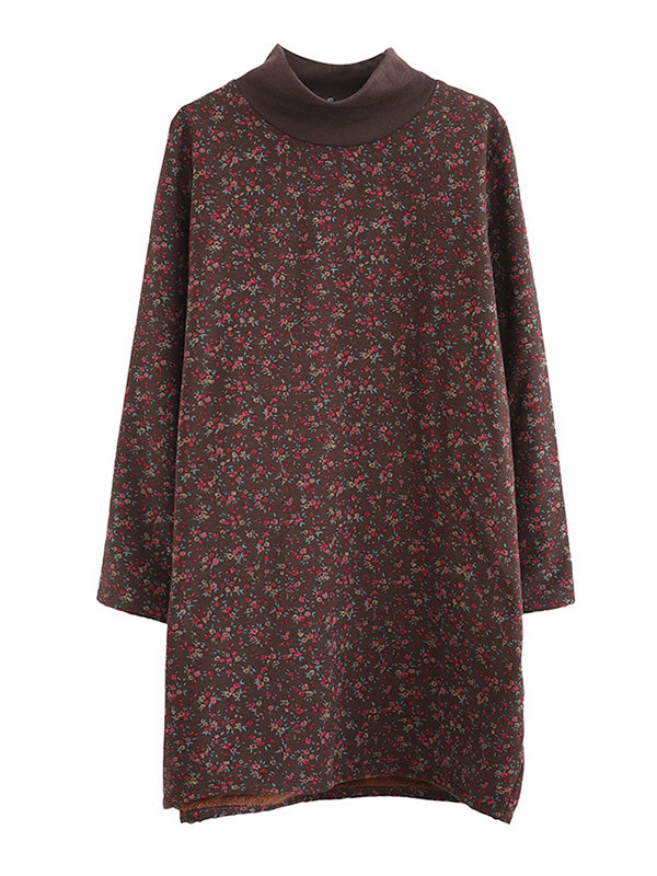 Vintage Loose Long Sleeves Floral Printed High-Neck Mini Dresses
