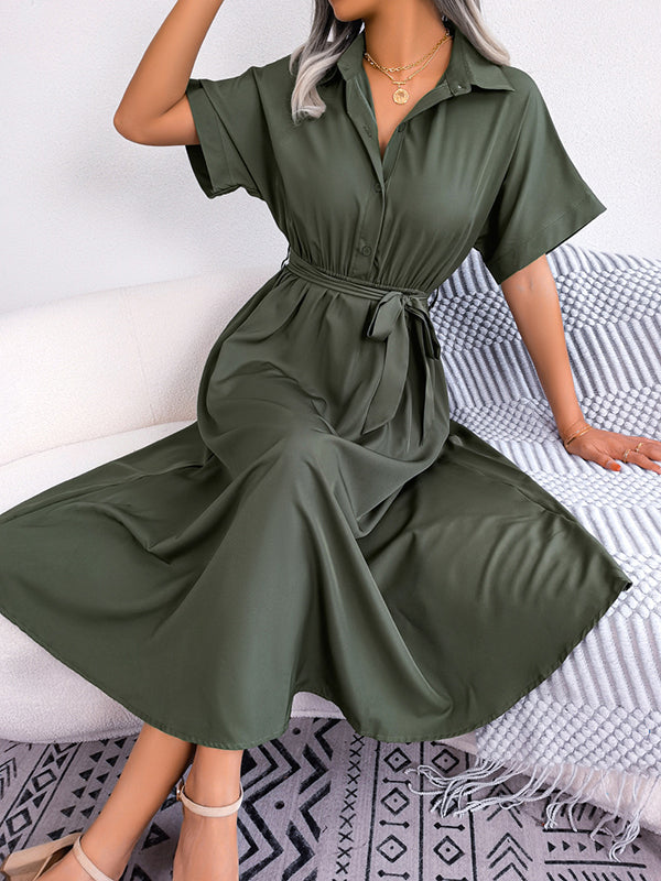 Solid Color Split-Joint Tied Waist Loose Short Sleeves Lapel Shirt Dress Midi Dresses