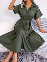 Solid Color Split-Joint Tied Waist Loose Short Sleeves Lapel Shirt Dress Midi Dresses
