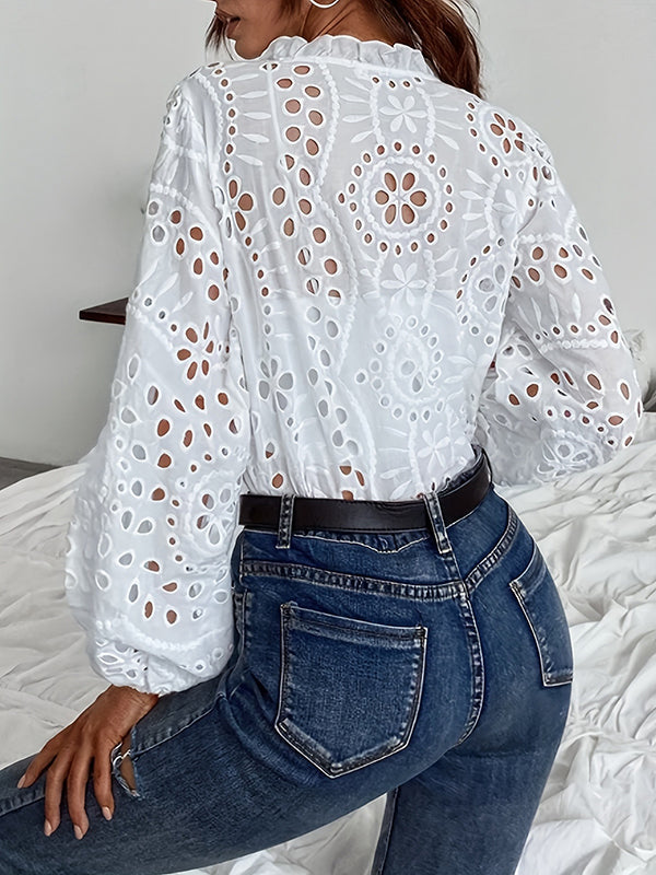 Buttoned Flower Shape Hollow See-Through Single-Breasted Solid Color Split-Joint Irregularity Long Sleeves V-Neck Blouses&Shirts Tops