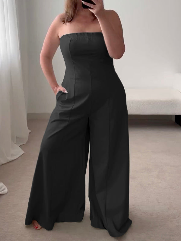 Pockets Solid Color Split-Joint High Waisted Sleeveless Tube Jumpsuits