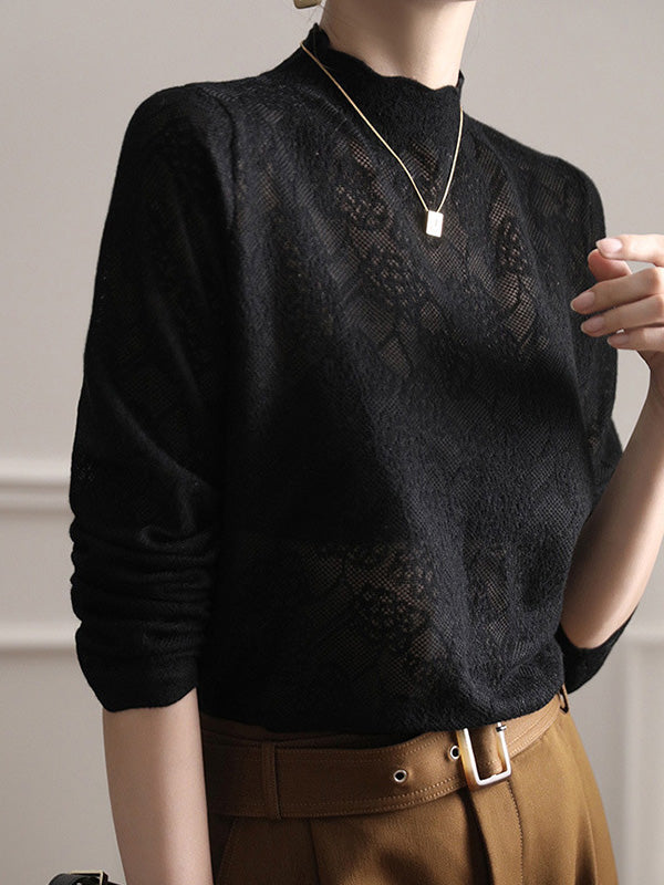 Hollow Jacquard Solid Color Long Sleeves T-Shirts Tops Knitwear