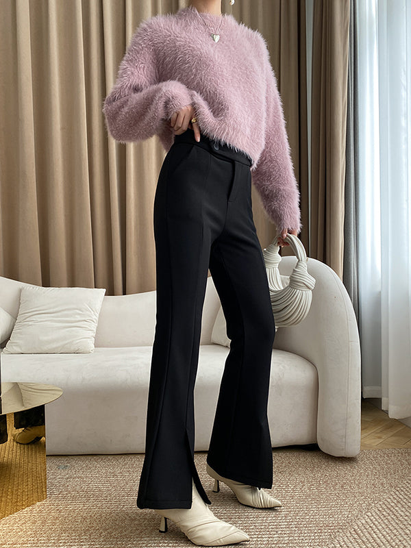 Simple Loose Long Sleeves Solid Color Round-Neck Sweater Tops