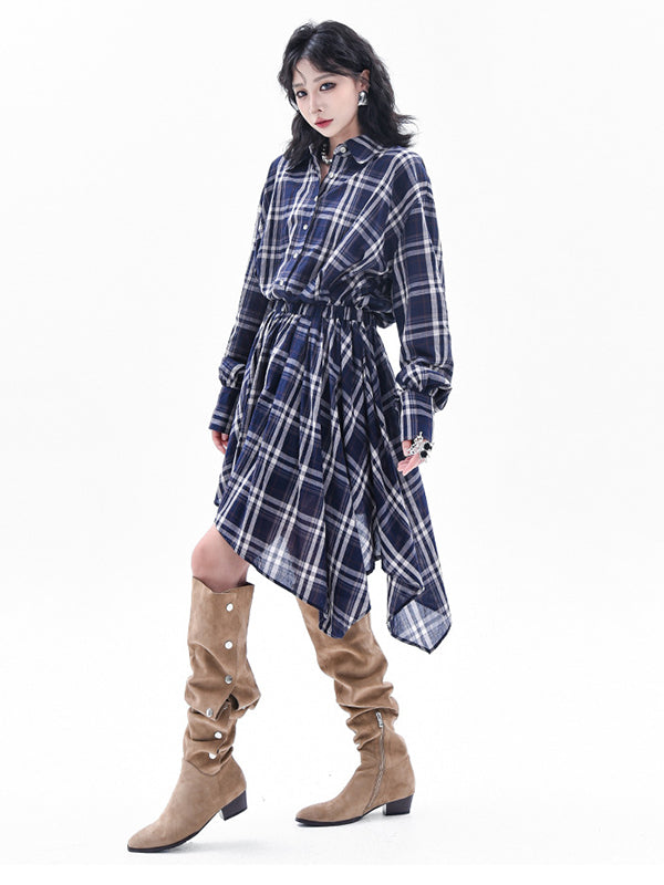 Elasticity Plaid High-Low Irregularity Lapel Collar Midi Dresses