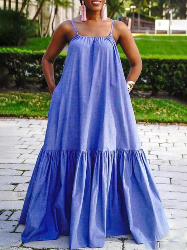 Pleated Pockets Solid Color Split-Joint A-Line Loose Asymmetric Collar Maxi Dresses