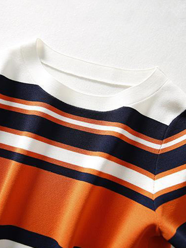 Contrast Color Striped Loose Short Sleeves Round-neck T-Shirts Tops