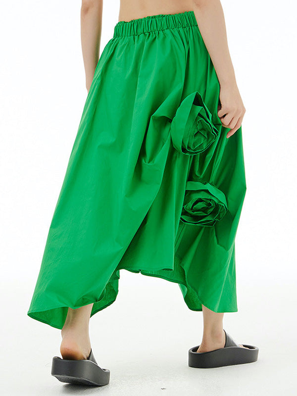 Asymmetric Elasticity Solid Color Three-Dimensional Flower Loose Skirts Bottoms