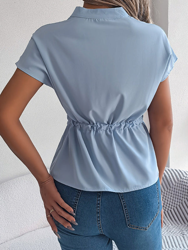 Buttoned Comfort Solid Color Tied Waist Short Sleeves Stand Collar Blouses&Shirts Tops