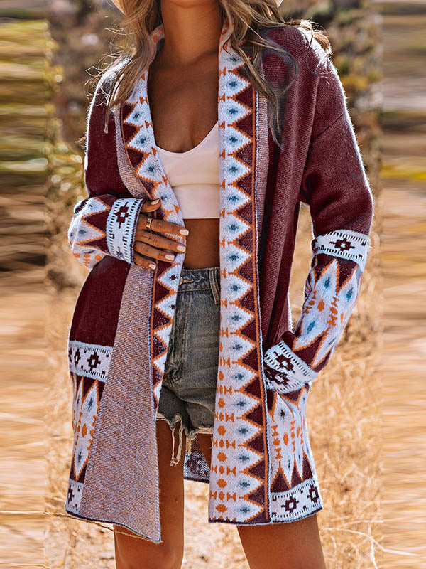 Contrast Color Long Sleeves Loose Collarless Cardigan Tops
