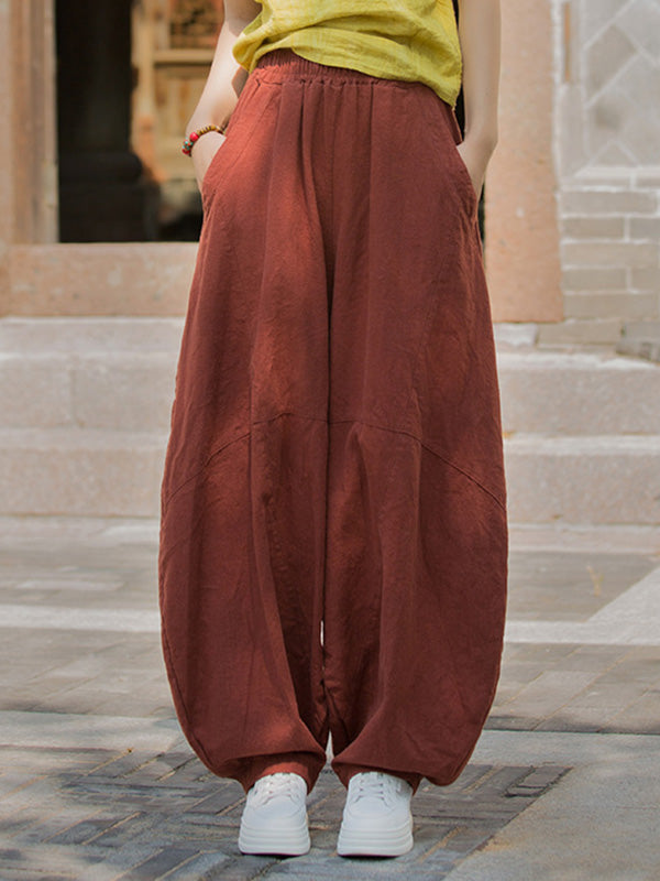 Elasticity Pockets Solid Color Split-Joint Loose Pants Cropped Trousers