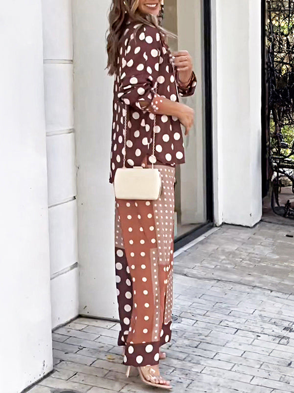 Long Sleeves Buttoned High-Low Polka-Dot Lapel Shirts Top + Drawstring Elasticity Pants Bottom Two Pieces Set