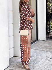 Long Sleeves Buttoned High-Low Polka-Dot Lapel Shirts Top + Drawstring Elasticity Pants Bottom Two Pieces Set