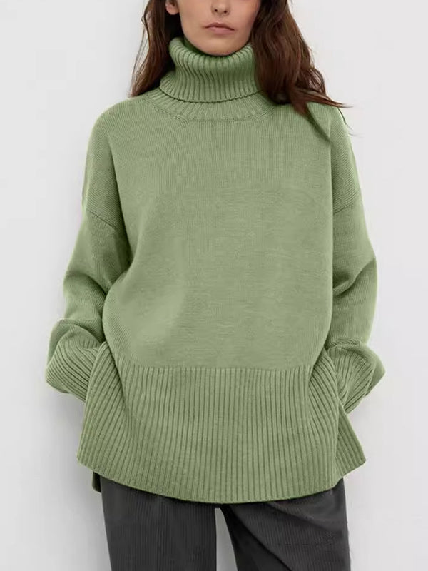 Pleated Solid Color Split-Side Long Sleeves Loose High Neck Sweater Tops