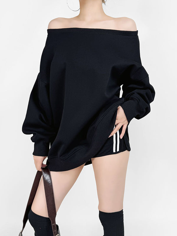 Solid Color Split-Joint Long Sleeves Loose Round-neck Sweatshirt Tops