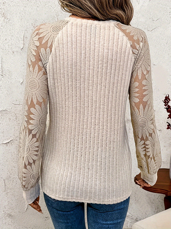 See-Through Split-Joint Long Sleeves Loose Round-Neck T-Shirts Tops