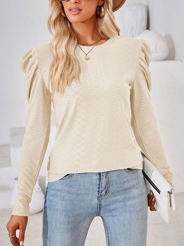 Pleated Solid Color Long Sleeves Loose Round-Neck T-Shirts Tops