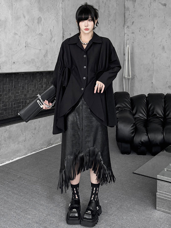 Buttoned Pleated Solid Color Split-Joint High-Low Irregularity Shirt Collar Blouses&Shirts Tops