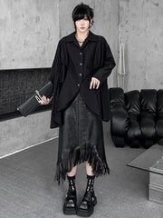 Buttoned Pleated Solid Color Split-Joint High-Low Irregularity Shirt Collar Blouses&Shirts Tops