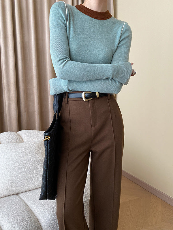 Contrast Color Split-Joint Long Sleeves Skinny Round-Neck Sweater Tops Pullovers