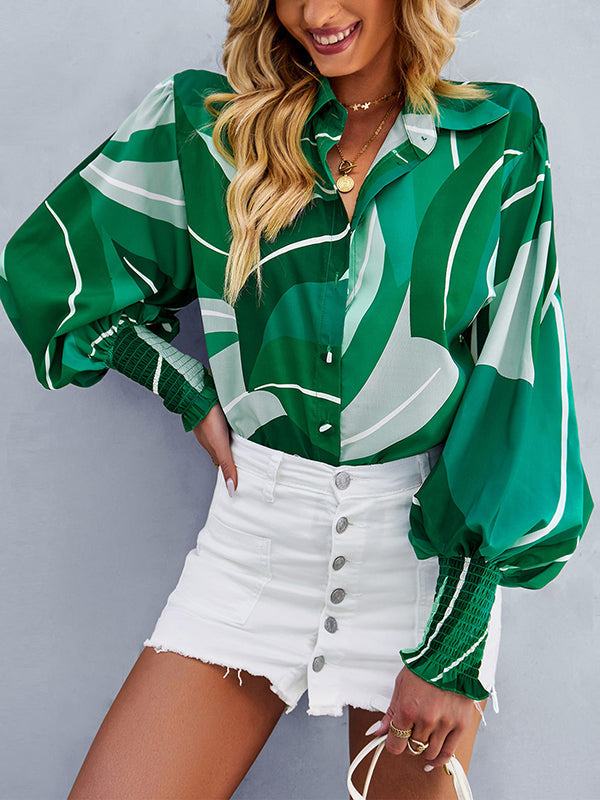 Buttoned Elasticity Printed Long Sleeves Loose Lapel Blouses&Shirts Tops