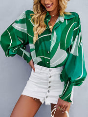 Buttoned Elasticity Printed Long Sleeves Loose Lapel Blouses&Shirts Tops