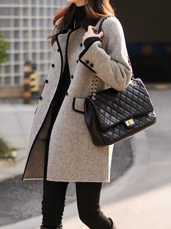 Buttoned Pockets Split-Joint Long Sleeves Loose Lapel Woolen Coat