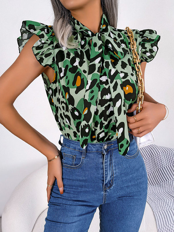 Leopard Cap Sleeve Loose Statement Collar Vest Top