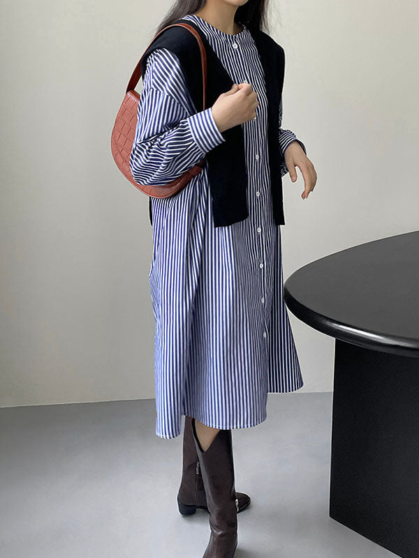 Striped Long Sleeves Loose Round-Neck Shirt Dress Midi Dresses