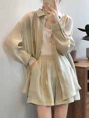 Loose Solid Color Long Sleeves Blouse + Pleated Shorts Two Pieces Set