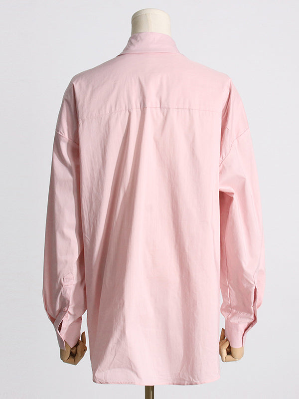 Asymmetric Buttoned Pleated Solid Color Split-Joint Three-Dimensional Flower Long Sleeves Loose Lapel Blouses&Shirts Tops