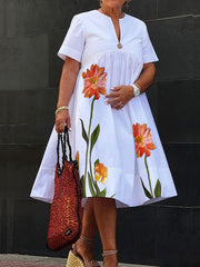 A-Line High Waisted Flower Print Pleated V-Neck Midi Dresses